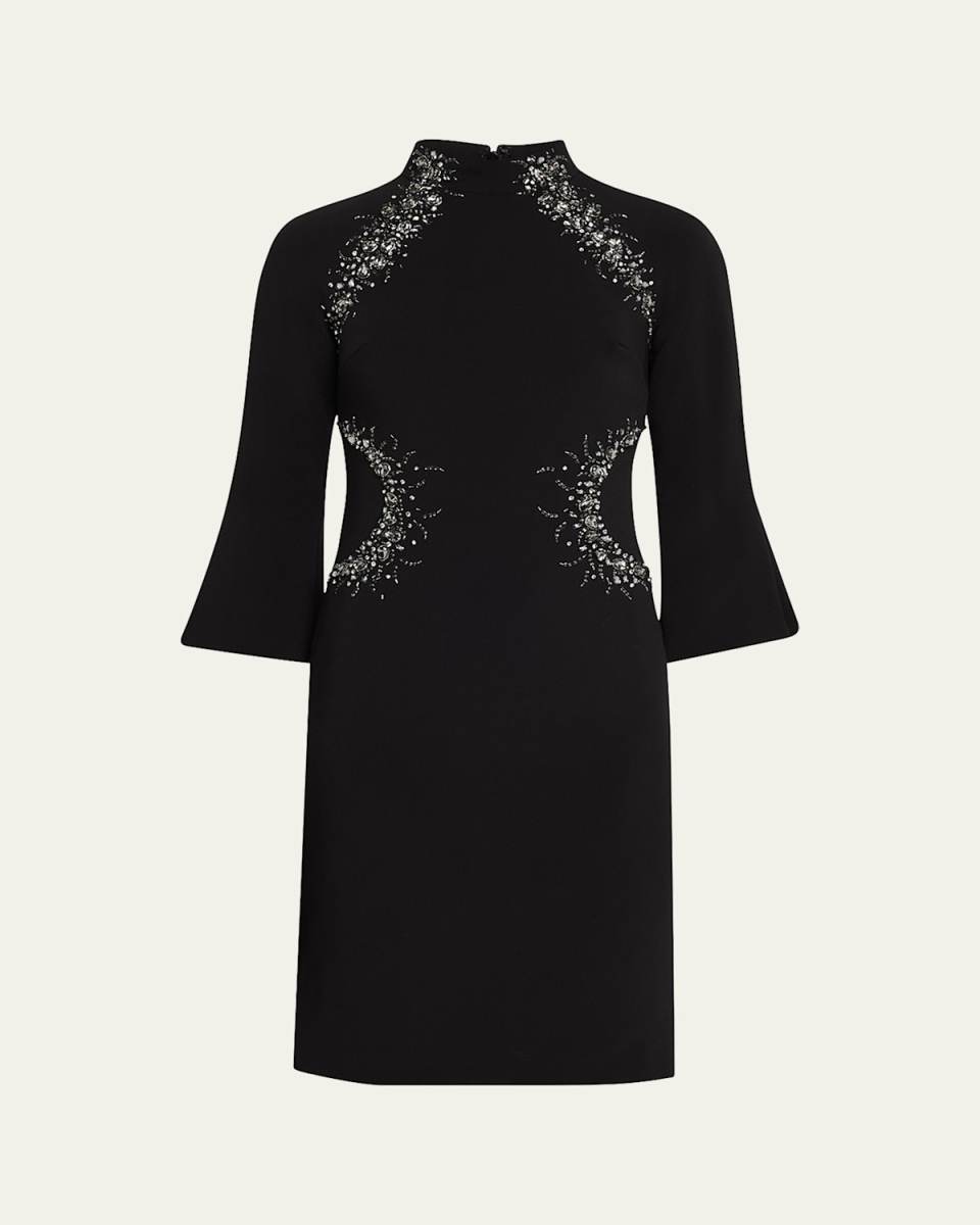 Beaded Flare-Sleeve Crepe Dress
